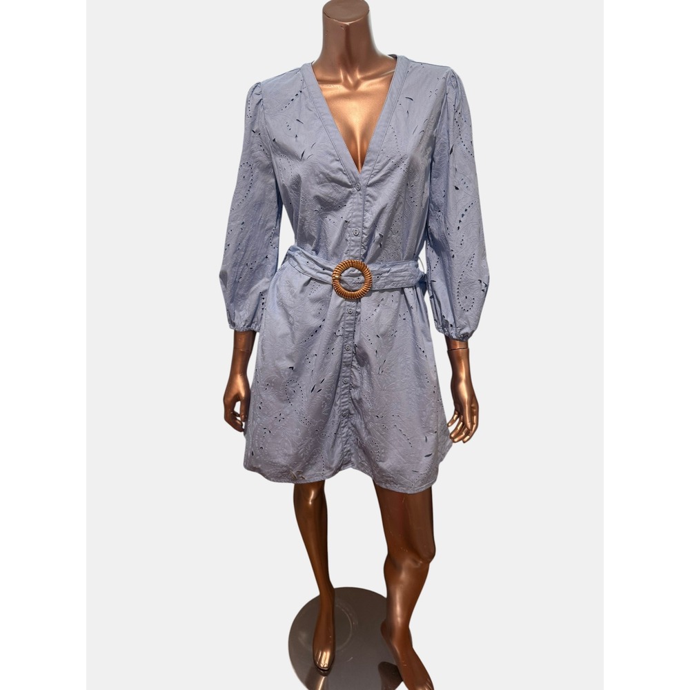 Zara Womens Blue Eyelet Embroidery Belted Mini Dress Boho Nautical Minimalist/S
